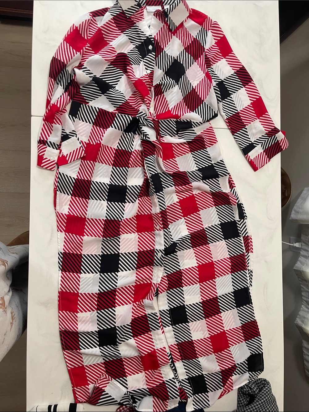 New York & Company Red, Black & White Plaid Maxi Shirt Dress